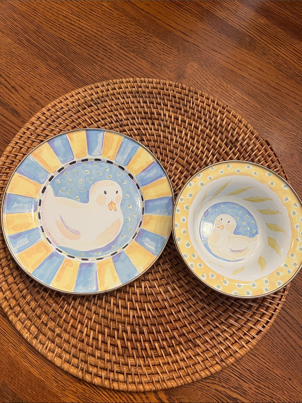 McKenzie Childs, enamel duck plate and bowl set